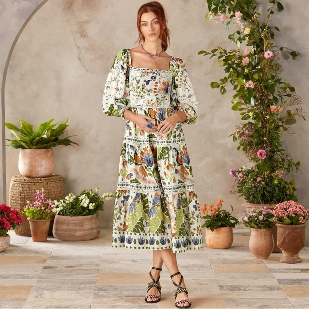 🌺🎉HP🎉🌺 NWOT Farm Rio Summer Garden Lace Midi Dress - Picture 5 of 16